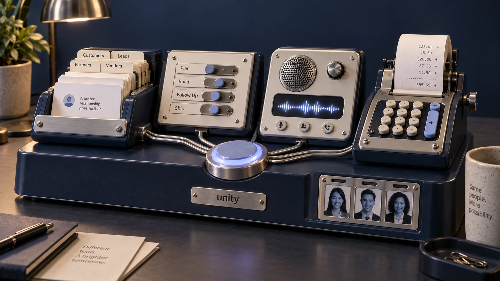Unity as a desk console: a rolodex of customers, leads, partners and vendors, a Plan, Build, Follow Up, Ship panel, a call unit and an adding machine, all wired into one glowing hub